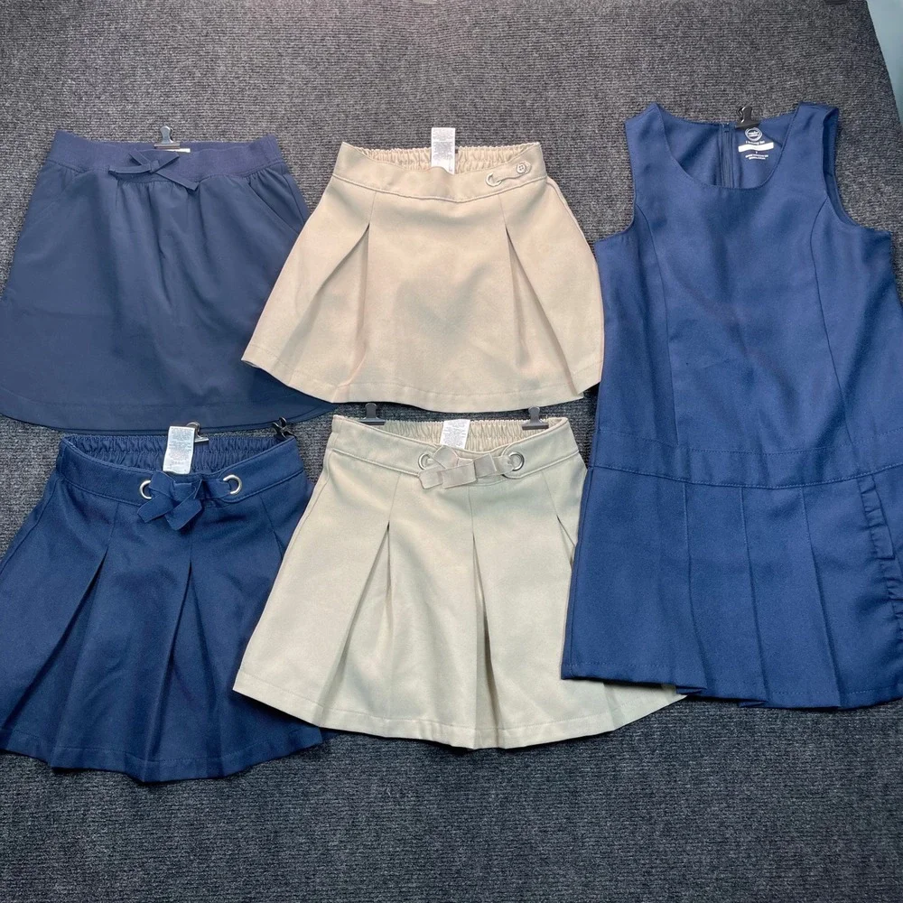 LOT OF 5 School Uniform Girls 6-7 Navy Khaki (4) Skirts (1) Jumper Private